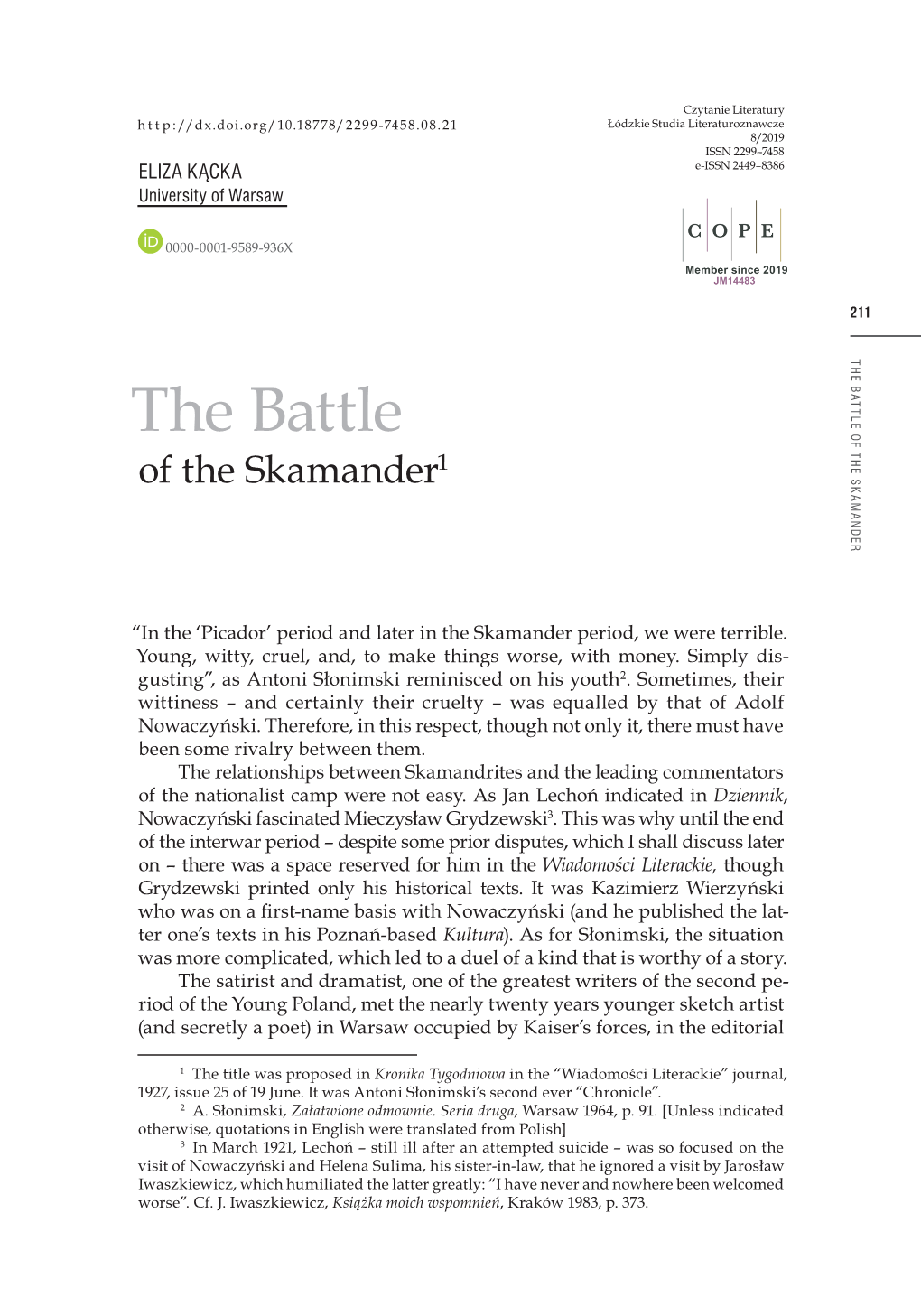 THE BATTLE of the SKAMANDER the of BATTLE the the Battle of the Skamander1