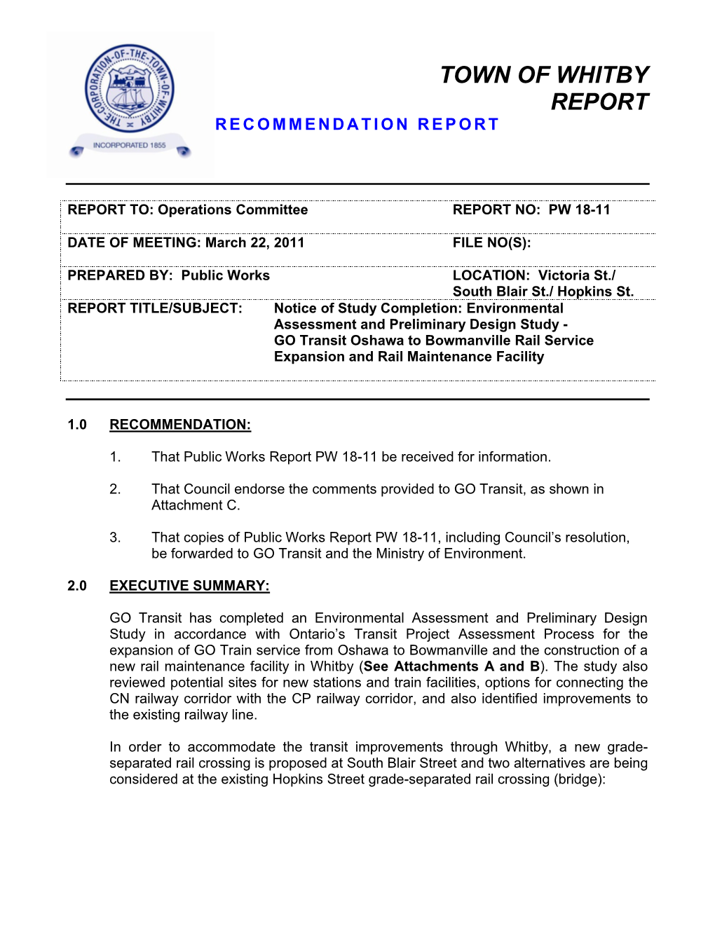 Town of Whitby Report Recommendation Report