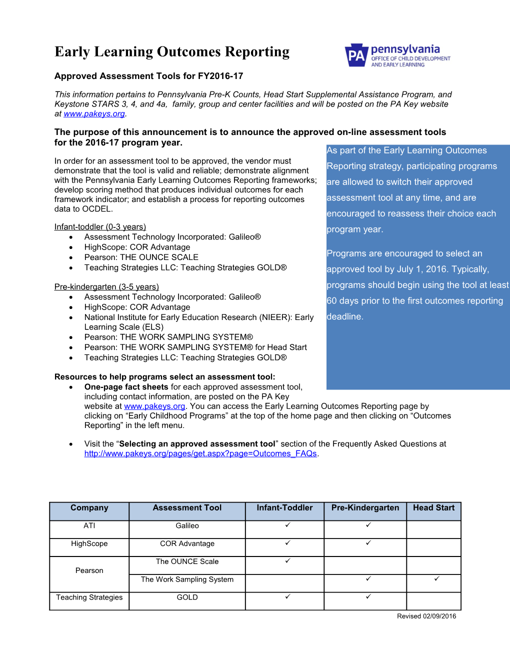 Early Learning Outcomes Reporting