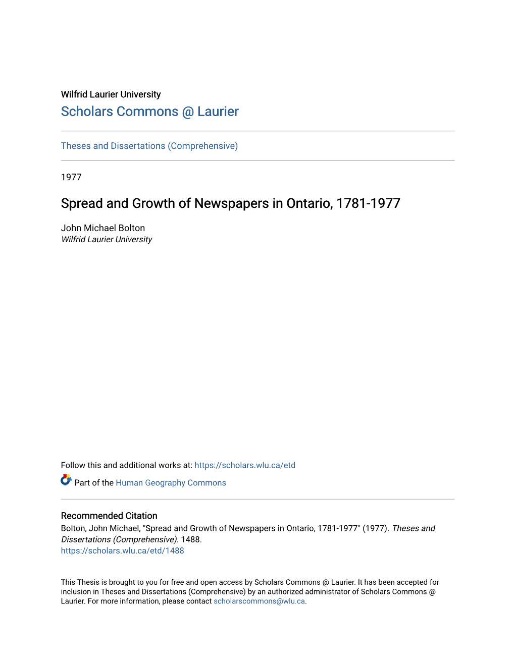 Spread and Growth of Newspapers in Ontario, 1781-1977