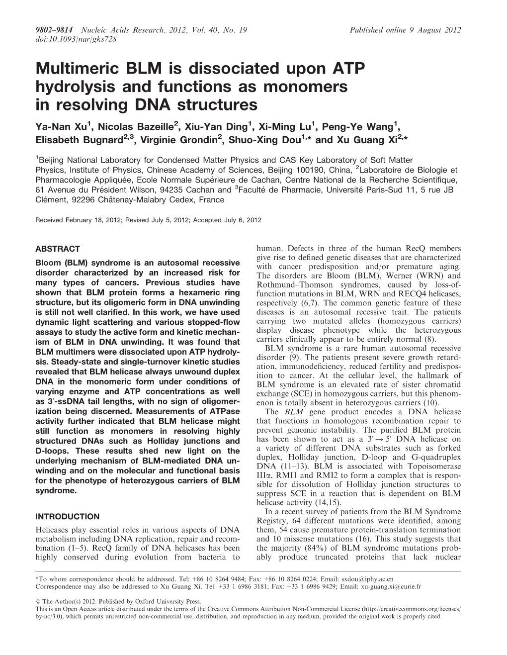 Multimeric BLM Is Dissociated Upon ATP Hydrolysis and Functions As