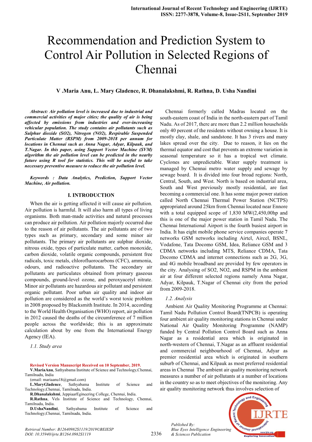 Recommendation and Prediction System to Control Air Pollution in Selected Regions of Chennai