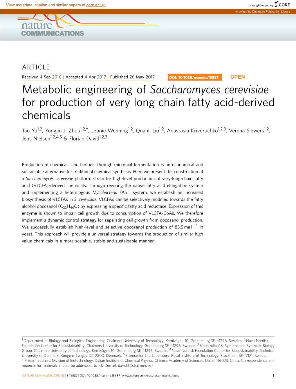 Metabolic Engineering of Saccharomyces Cerevisiae for Production of Very Long Chain Fatty Acid-Derived Chemicals