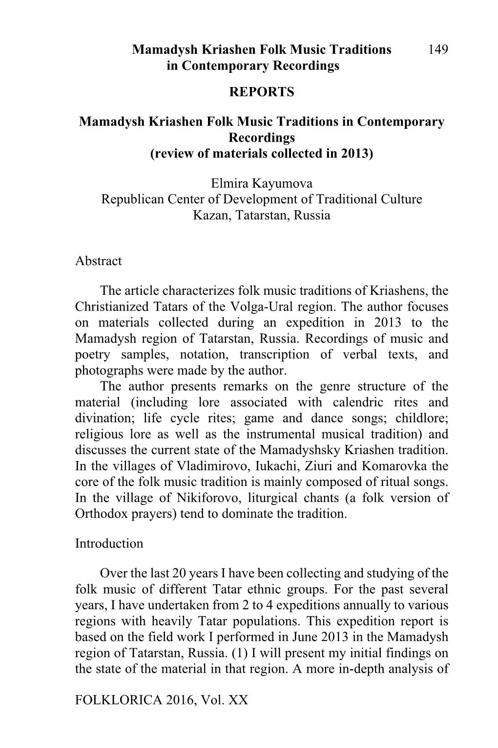 Mamadysh Kriashen Folk Music Traditions in Contemporary Recordings (Review of Materials Collected in 2013)