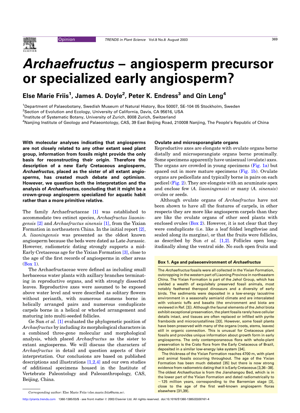 Archaefructus – Angiosperm Precursor Or Specialized Early Angiosperm?