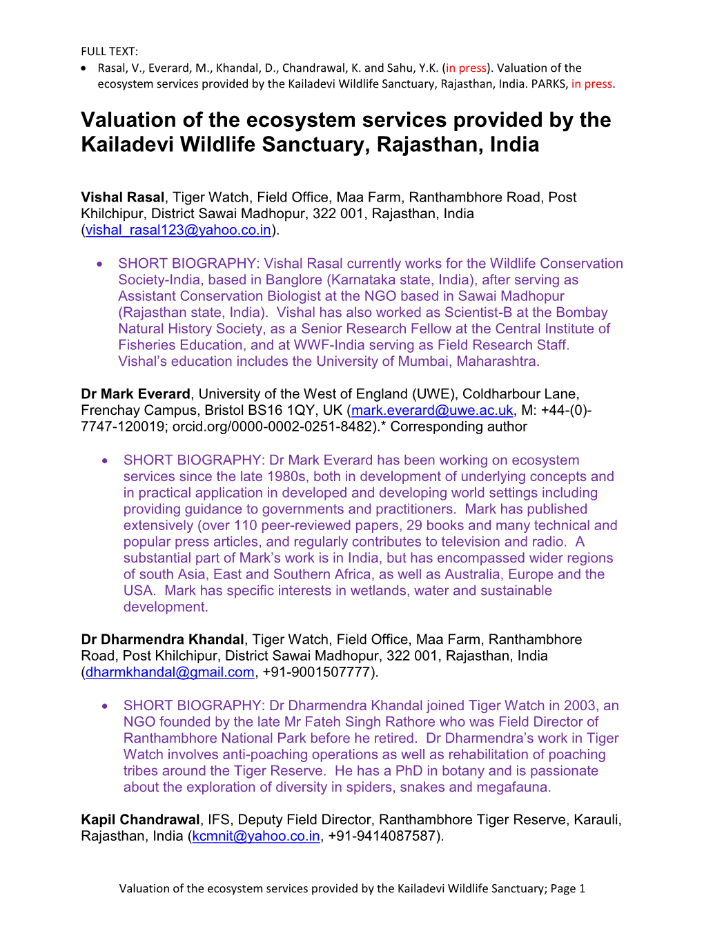 Valuation of the Ecosystem Services Provided by the Kailadevi Wildlife Sanctuary, Rajasthan, India