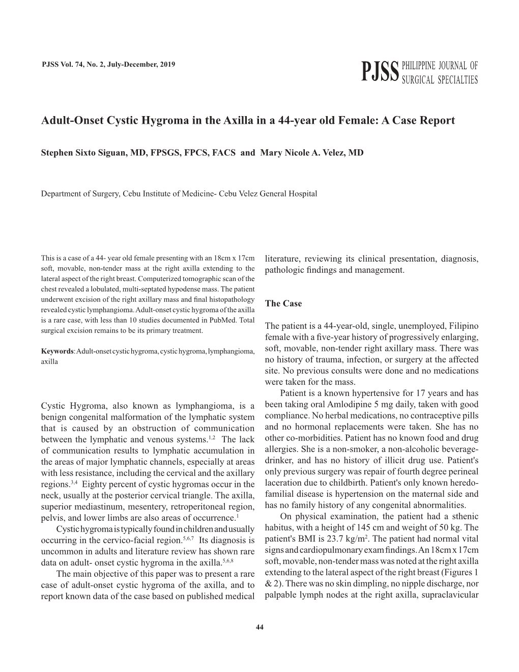 Adult-Onset Cystic Hygroma in the Axilla in a 44-Year Old Female: a Case Report