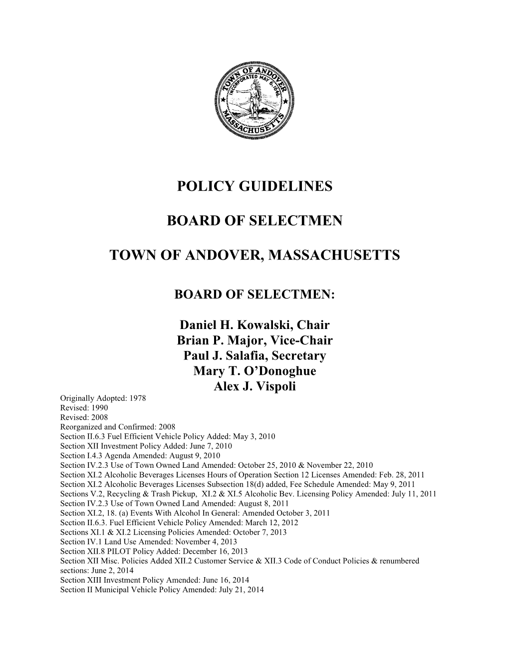 Policy Guidelines Board of Selectmen Town of Andover, Massachusetts