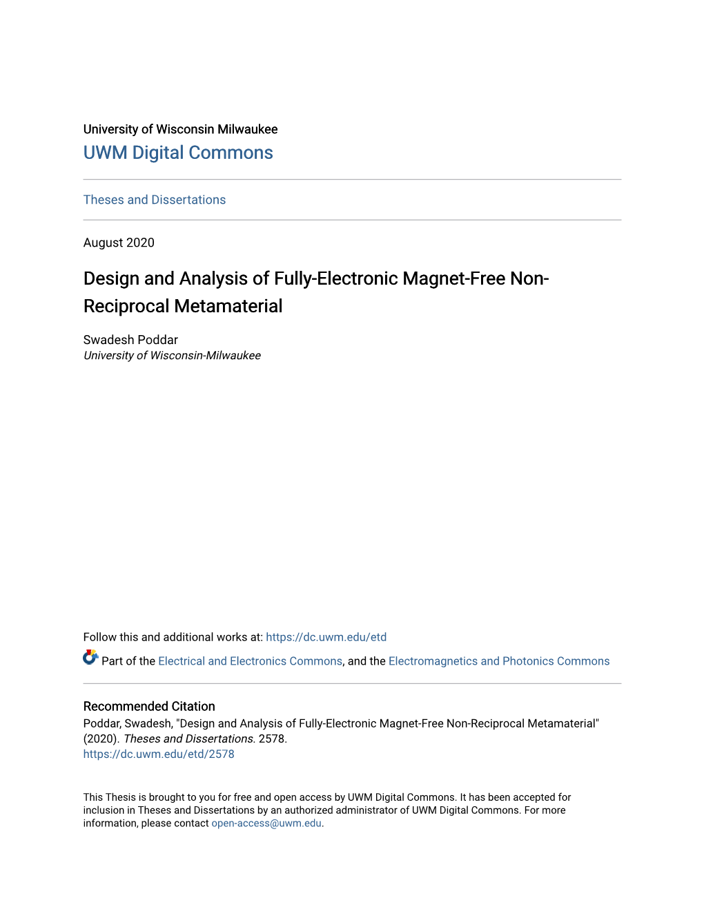 Design and Analysis of Fully-Electronic Magnet-Free Non-Reciprocal Metamaterial" (2020)