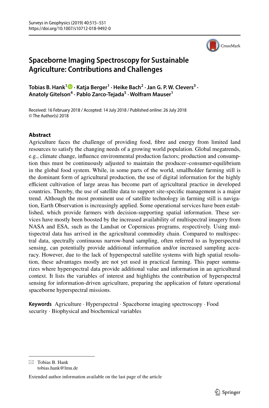 Spaceborne Imaging Spectroscopy for Sustainable Agriculture: Contributions and Challenges