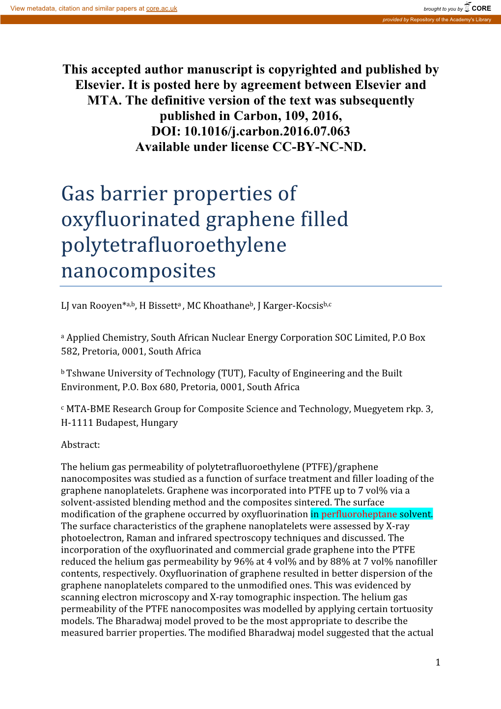 Gas Barrier Properties of Oxyfluorinated Graphene Filled Polytetrafluoroethylene Nanocomposites