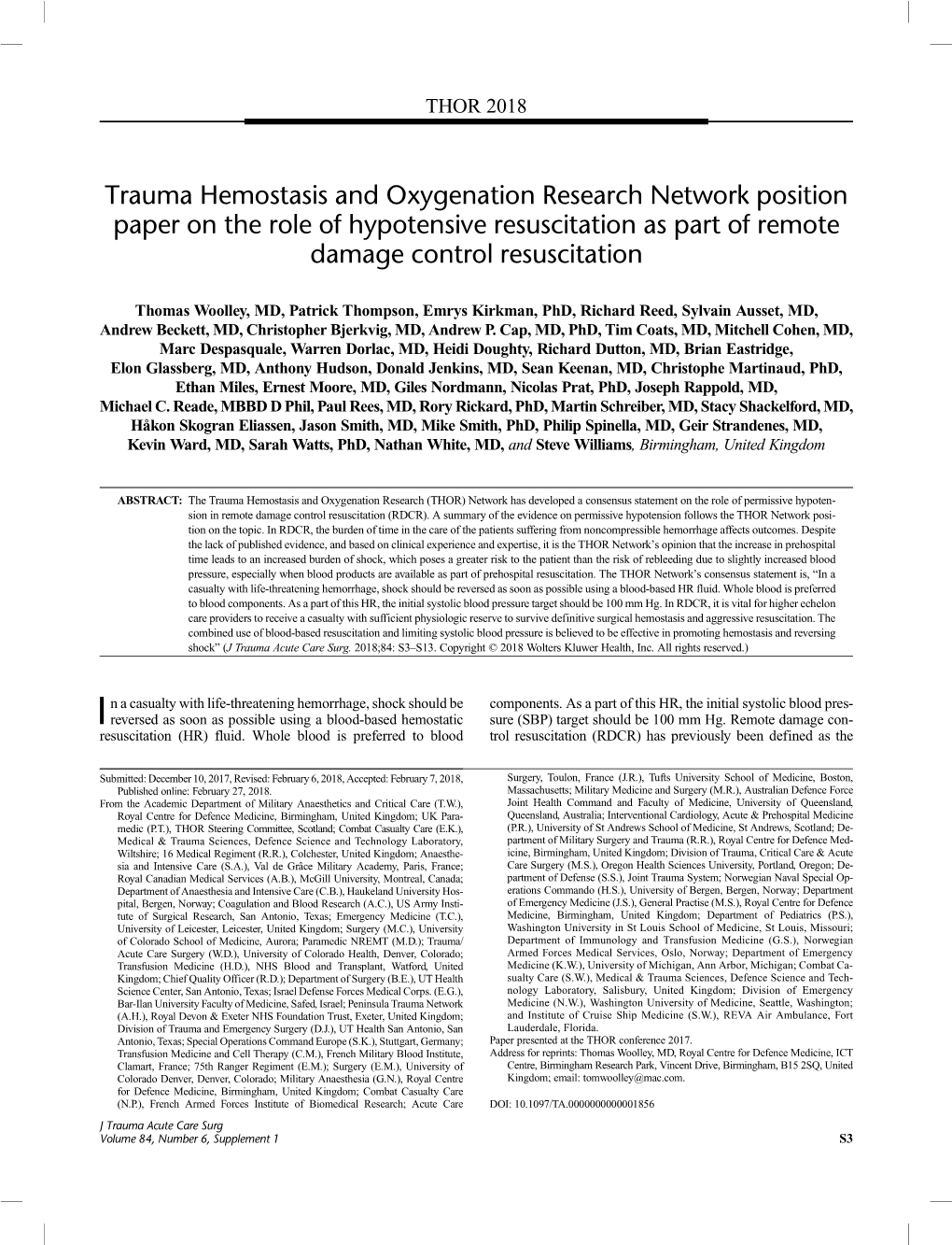 Trauma Hemostasis and Oxygenation Research Network Position Paper on the Role of Hypotensive Resuscitation As Part of Remote Damage Control Resuscitation