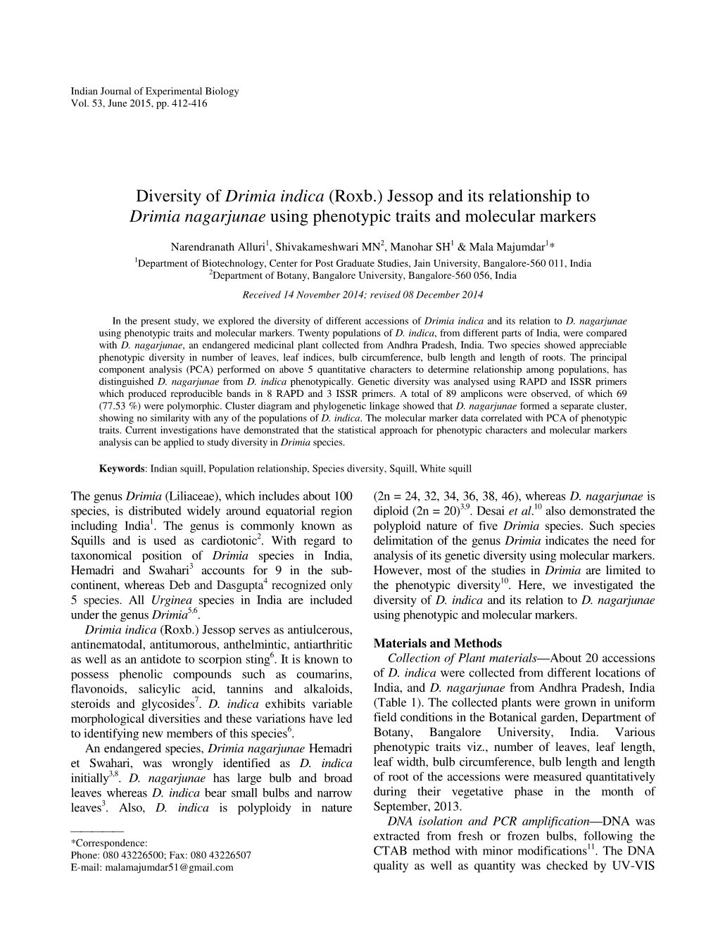 Jessop and Its Relationship to Drimia Nagarjunae Using Phenotypic Traits and Molecular Markers