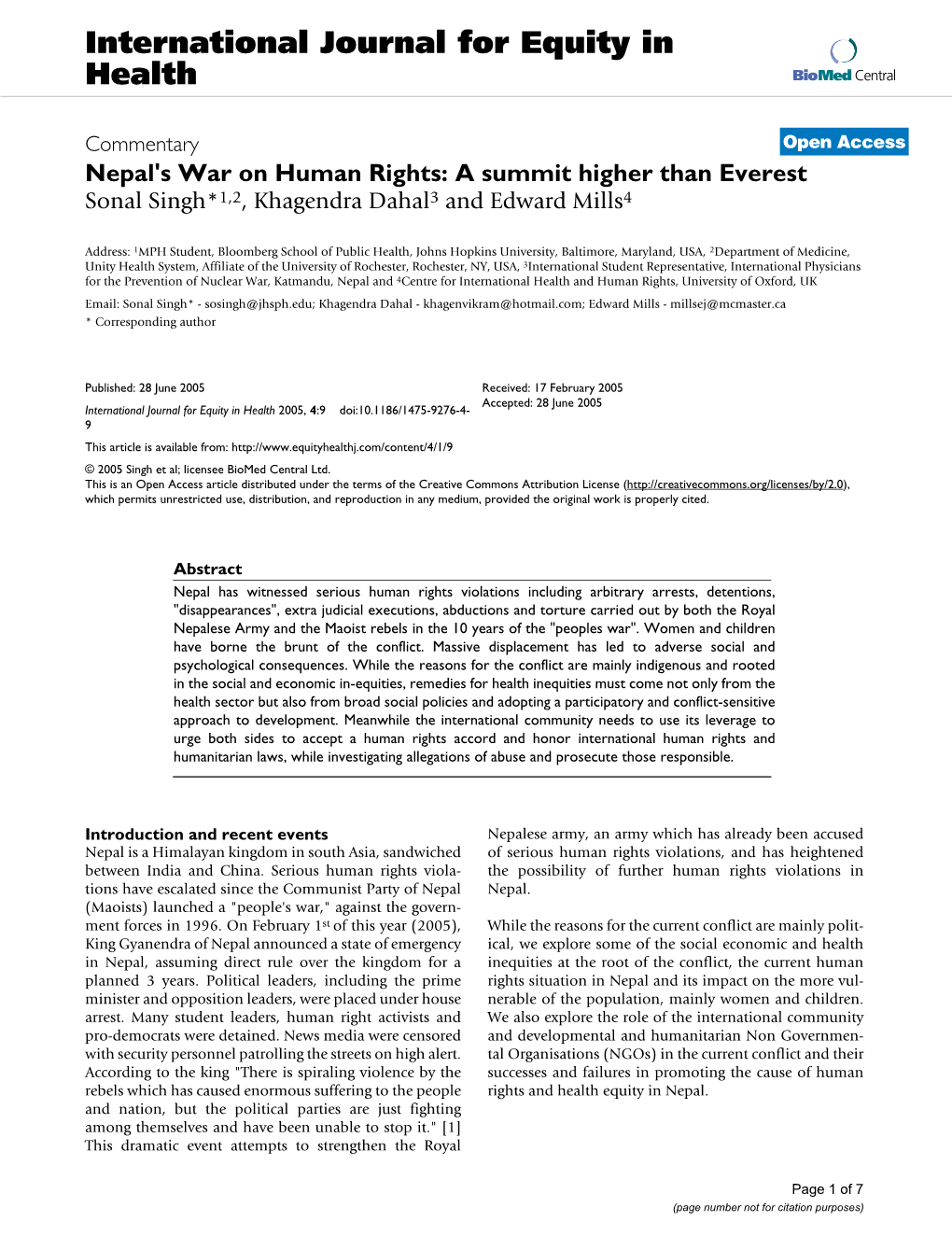 Nepal's War on Human Rights: a Summit Higher Than Everest Sonal Singh*1,2, Khagendra Dahal3 and Edward Mills4