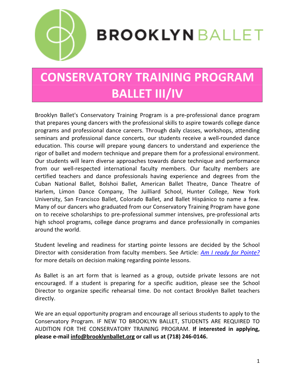 Conservatory Training Program Ballet Iii/Iv