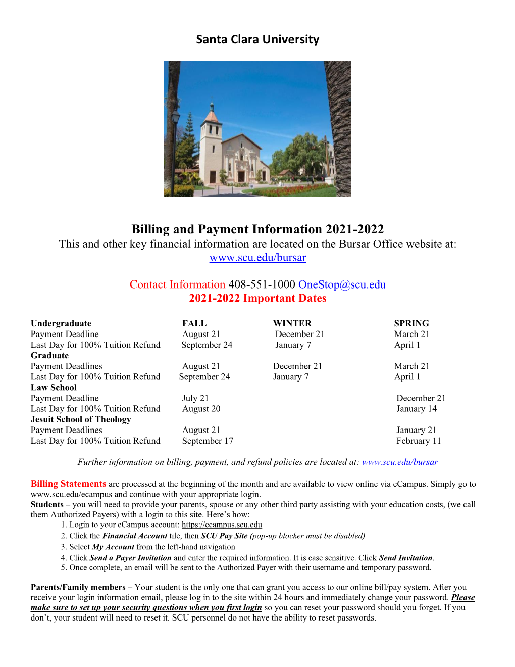 Santa Clara University Billing and Payment Information 2021-2022