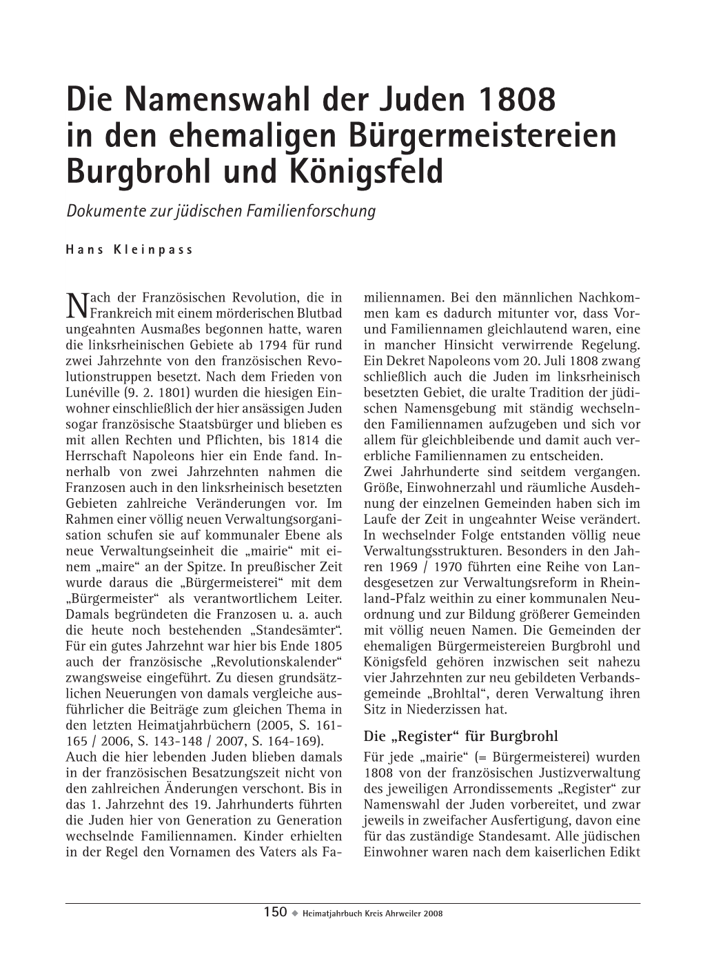 Die Namenswahl Der Juden 1808 in Den Ehemaligen Bürgermeistereien Burgbrohl Und Königsfeld Dokumente Zur Jüdischen Familienforschung