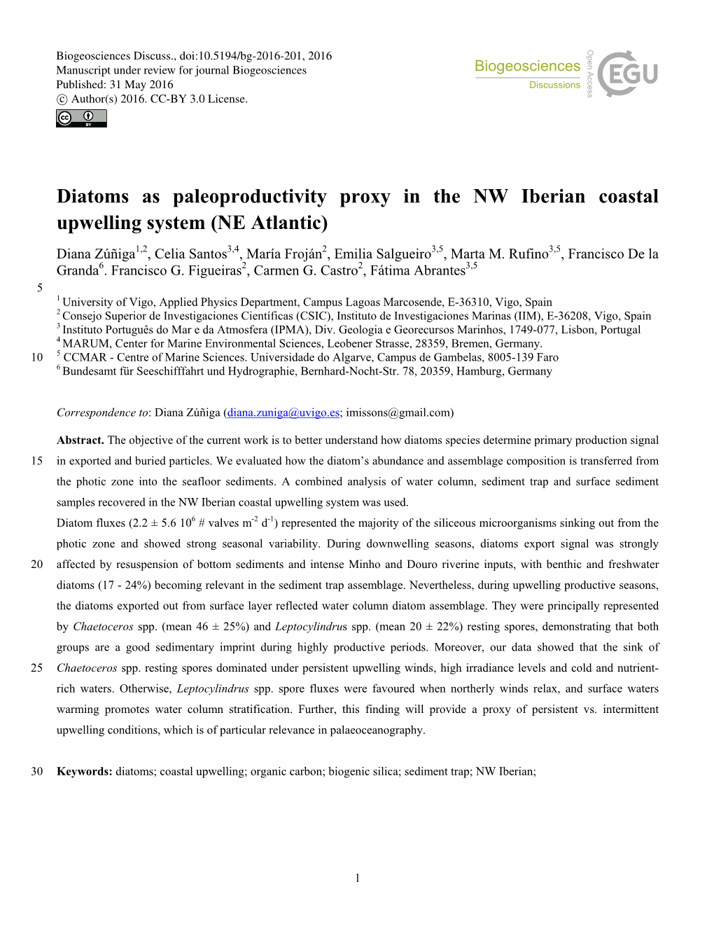 Diatoms As Paleoproductivity Proxy in the NW Iberian Coastal Upwelling
