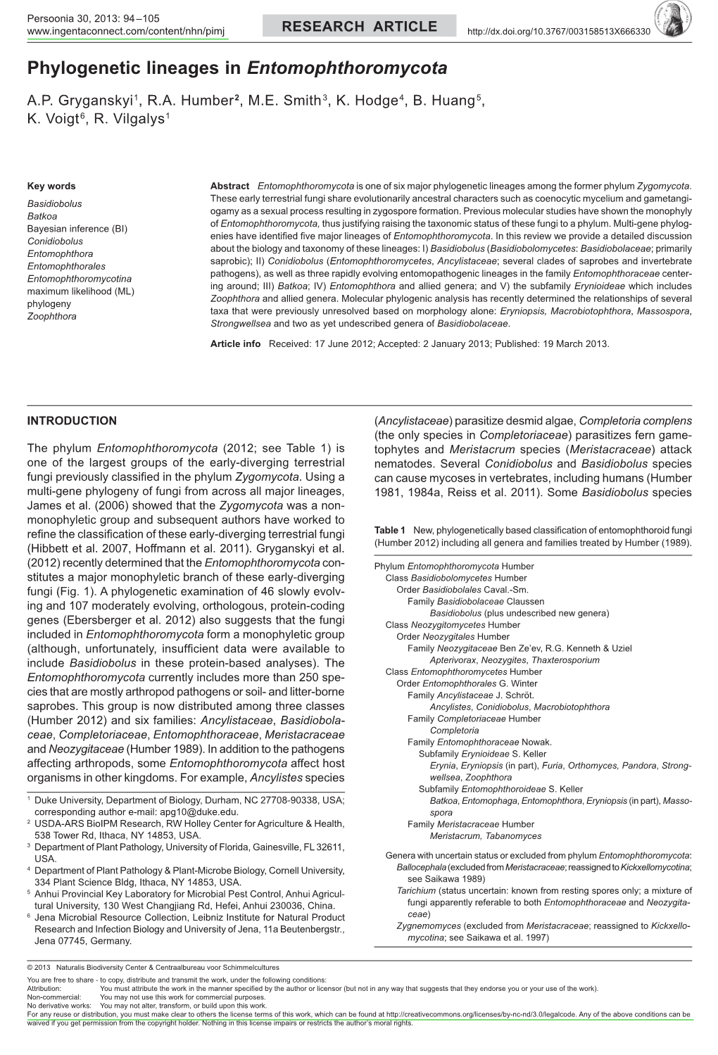 Phylogenetic Lineages in <I>Entomophthoromycota</I>