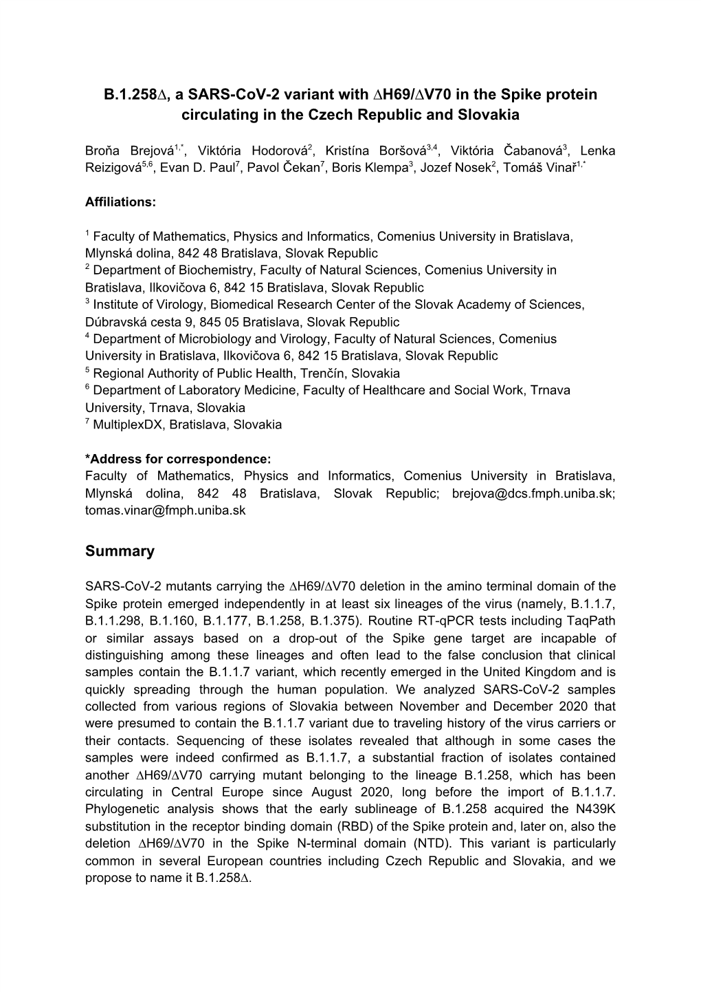 B.1.258∆, a SARS-Cov-2 Variant with ∆H69/∆V70 in the Spike Protein Circulating in the Czech Republic and Slovakia