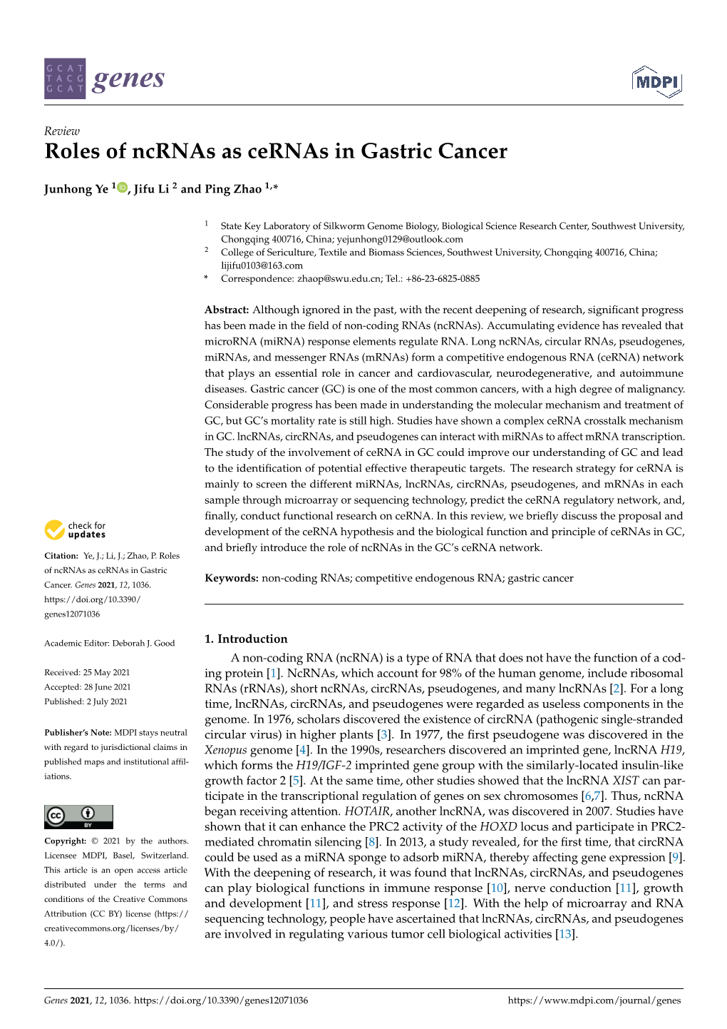 Roles of Ncrnas As Cernas in Gastric Cancer