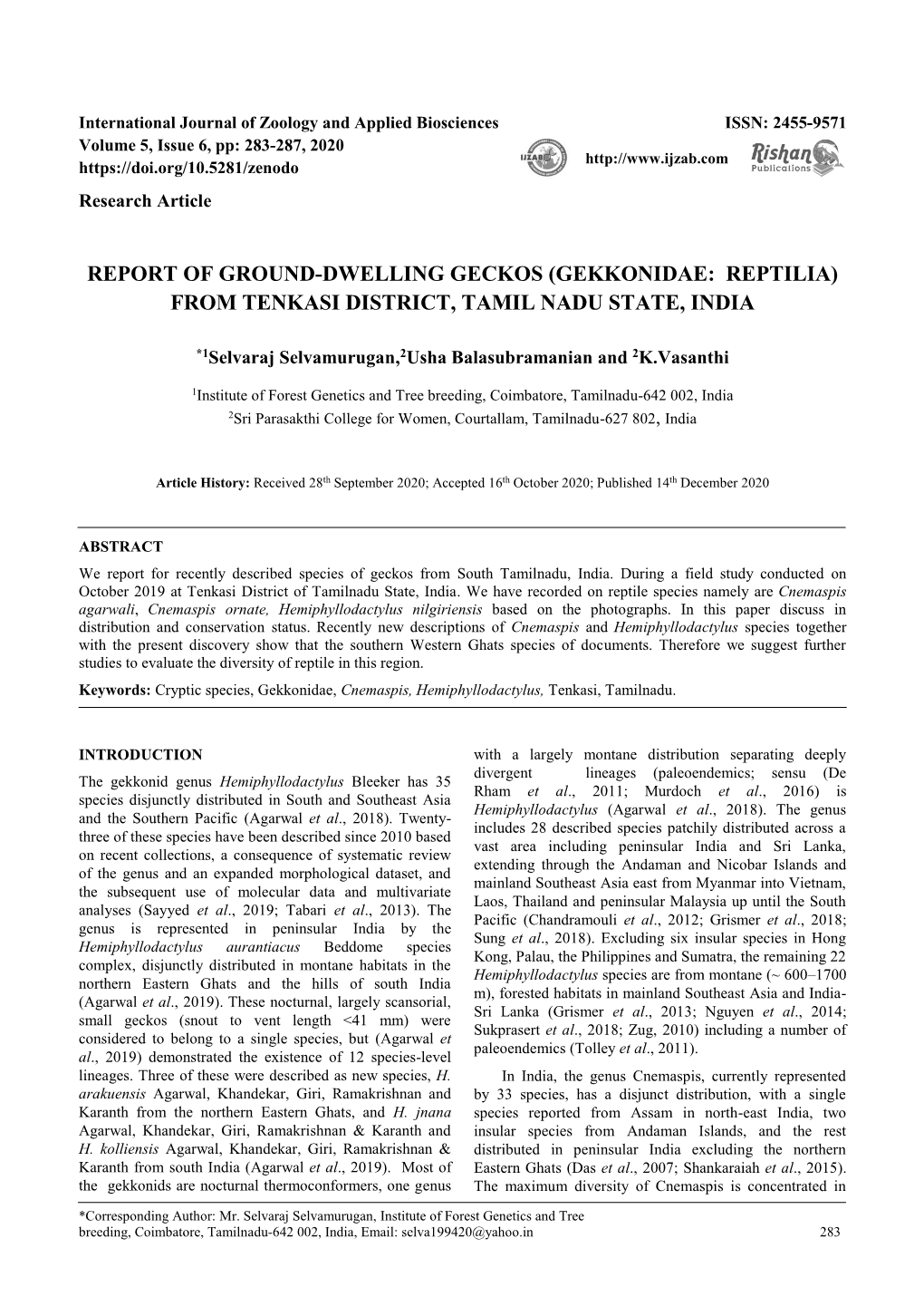 Report of Ground-Dwelling Geckos (Gekkonidae: Reptilia) from Tenkasi District, Tamil Nadu State, India