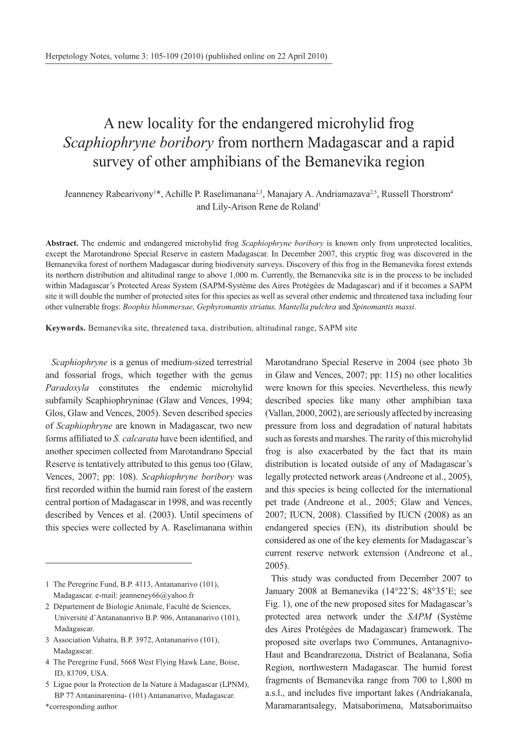 A New Locality for the Endangered Microhylid Frog Scaphiophryne Boribory from Northern Madagascar and a Rapid Survey of Other Amphibians of the Bemanevika Region