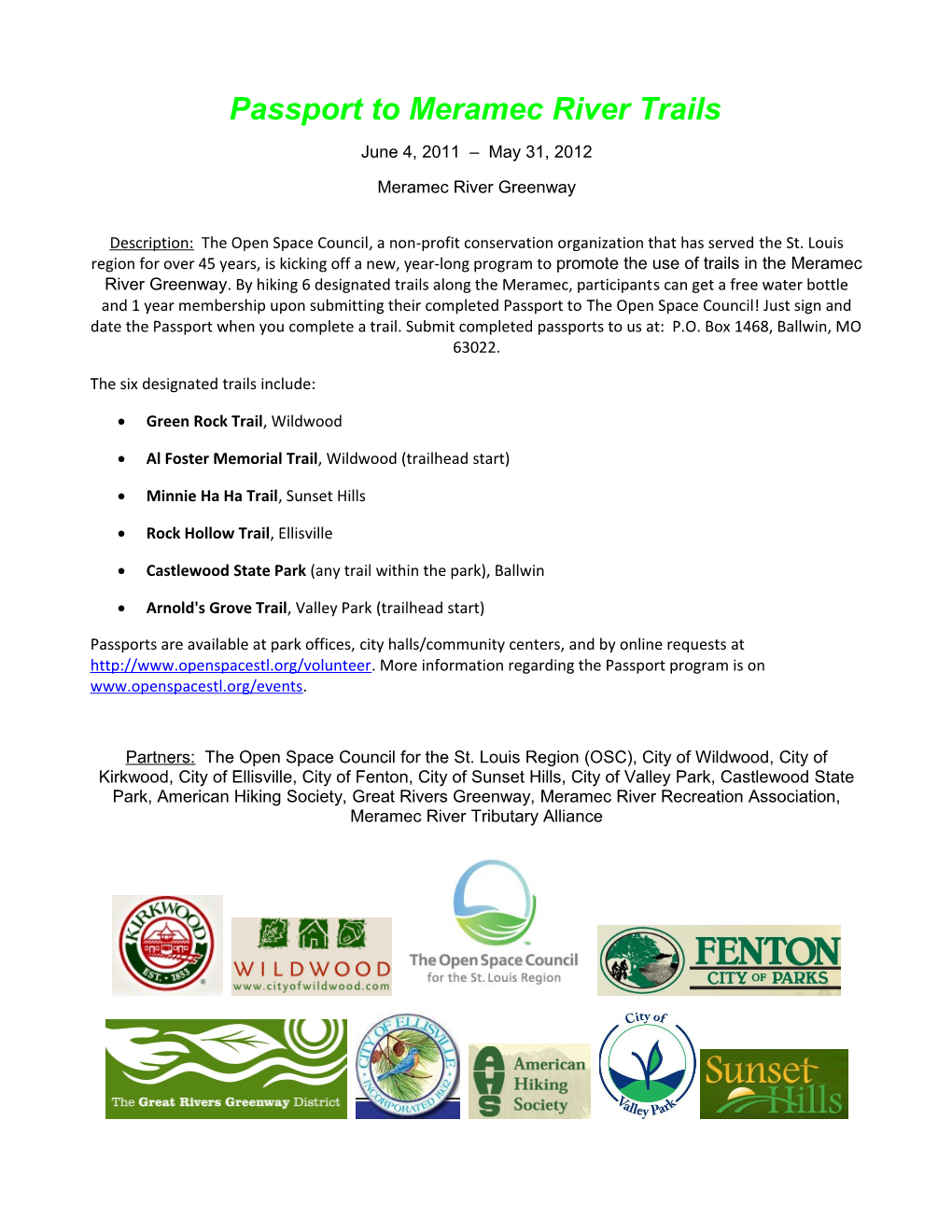 Passport to Meramec River Trails Program