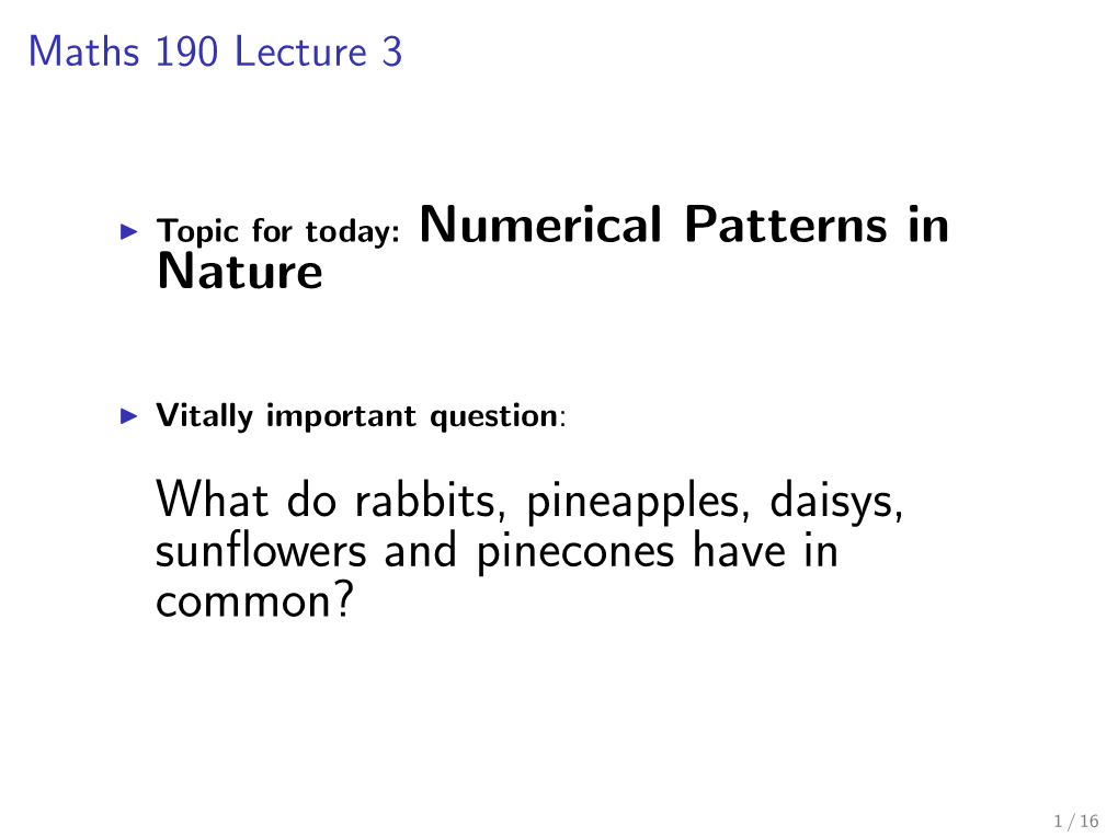 Numerical Patterns in Nature What Do Rabbits, Pineapples, Daisys