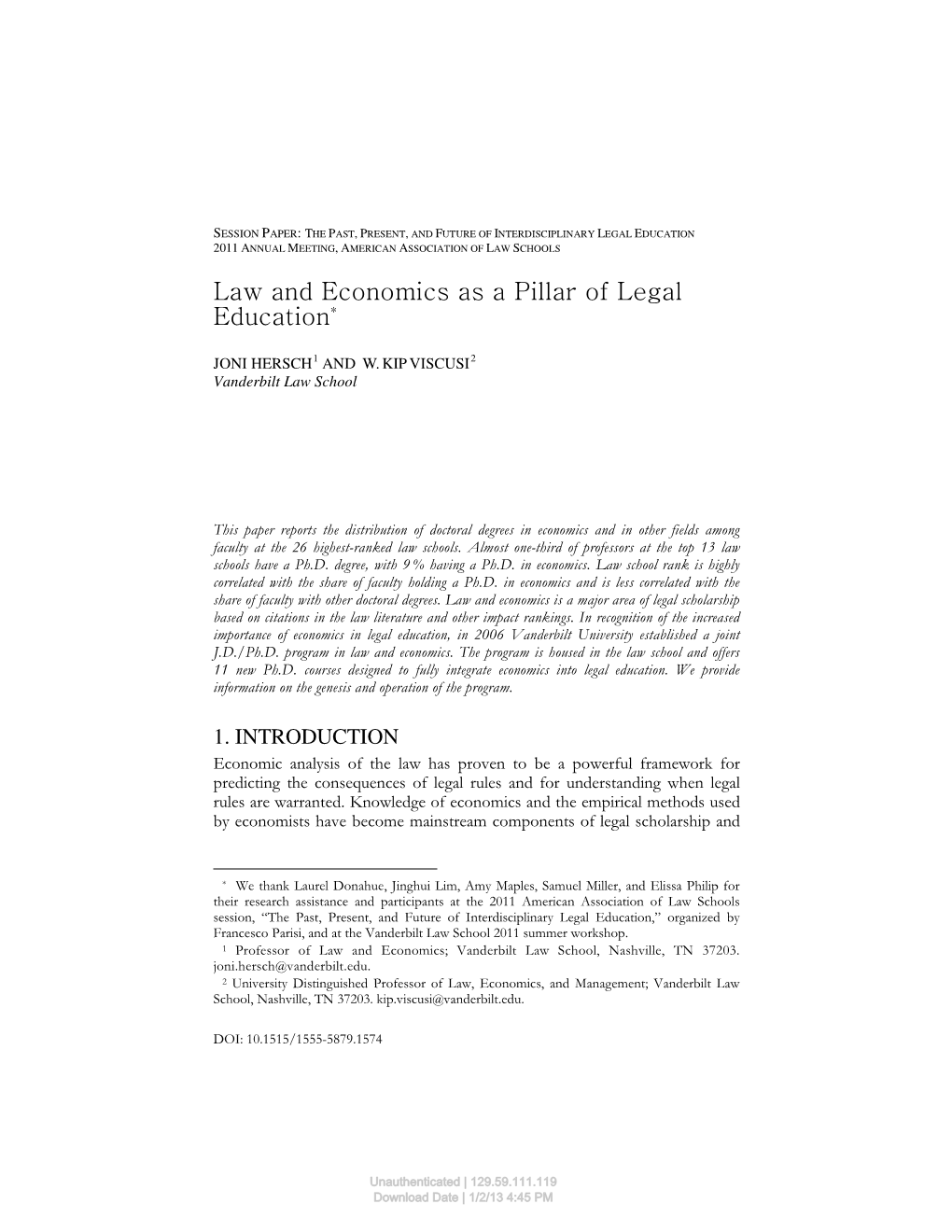 Law and Economics As a Pillar of Legal Education*