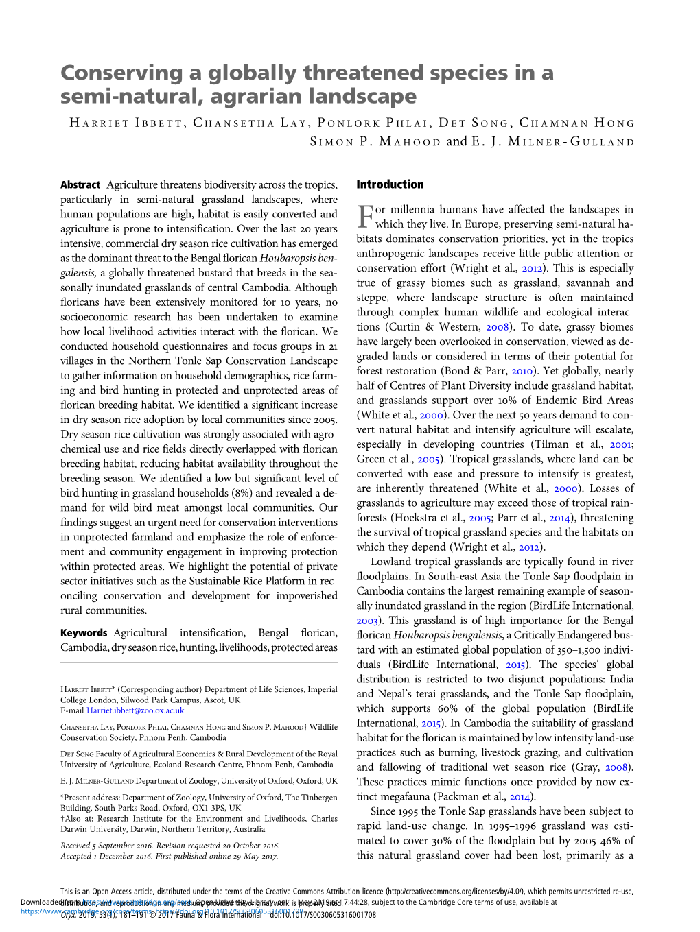 Conserving a Globally Threatened Species in a Semi-Natural, Agrarian Landscape