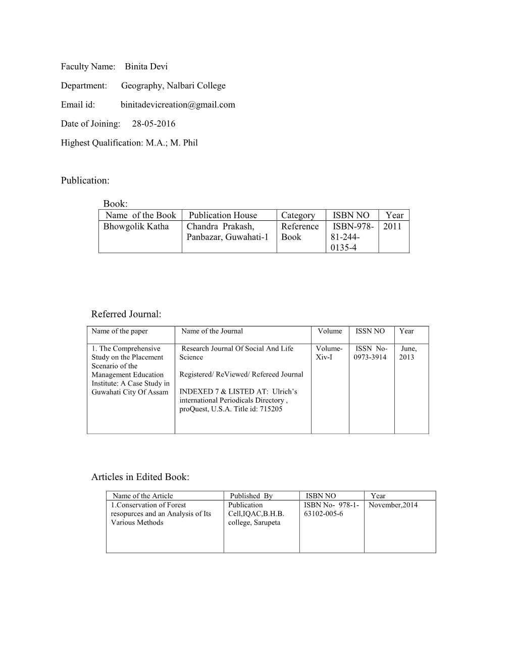 Publication: Book: Referred Journal: Articles in Edited Book