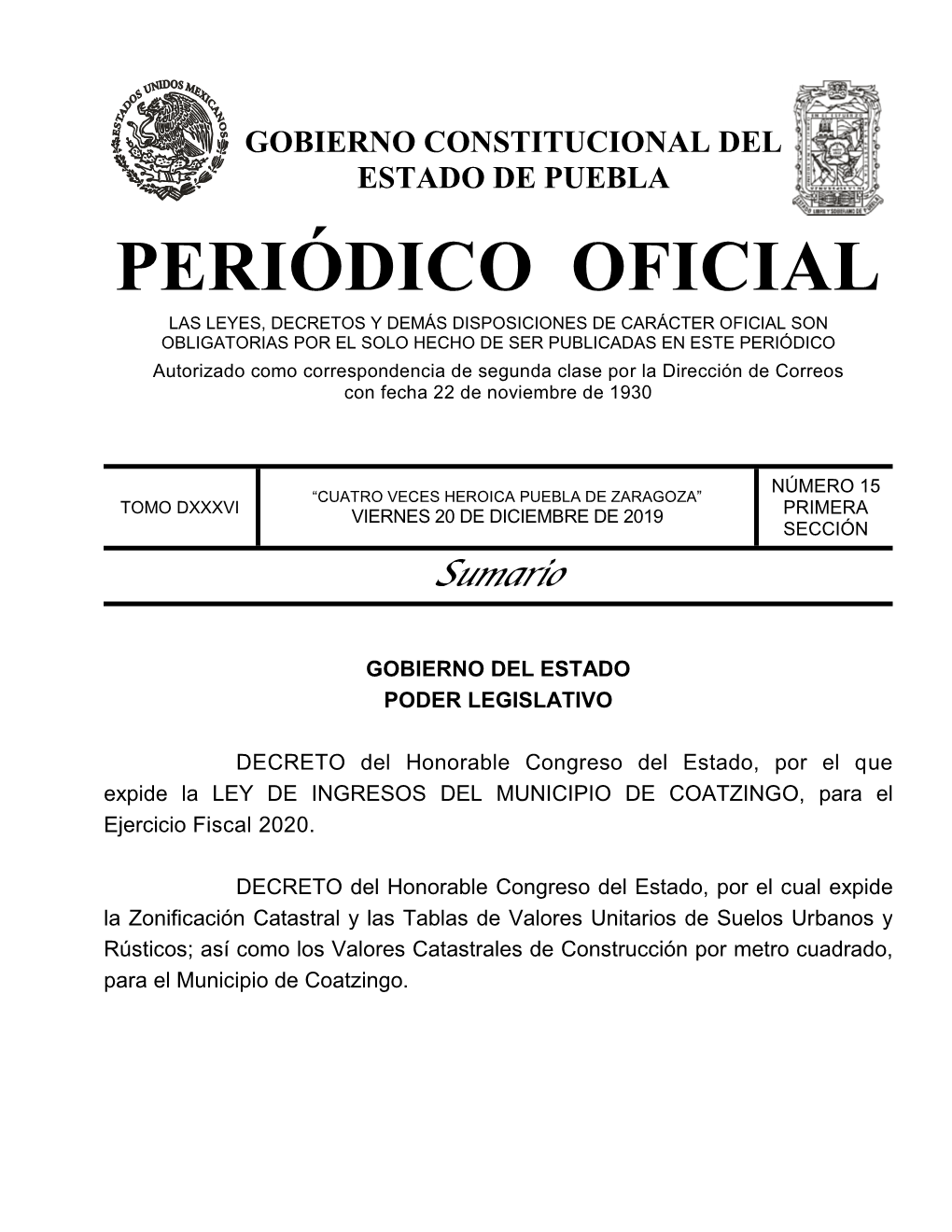 LEY DE INGRESOS DEL MUNICIPIO DE COATZINGO, Para El Ejercicio Fiscal 2020