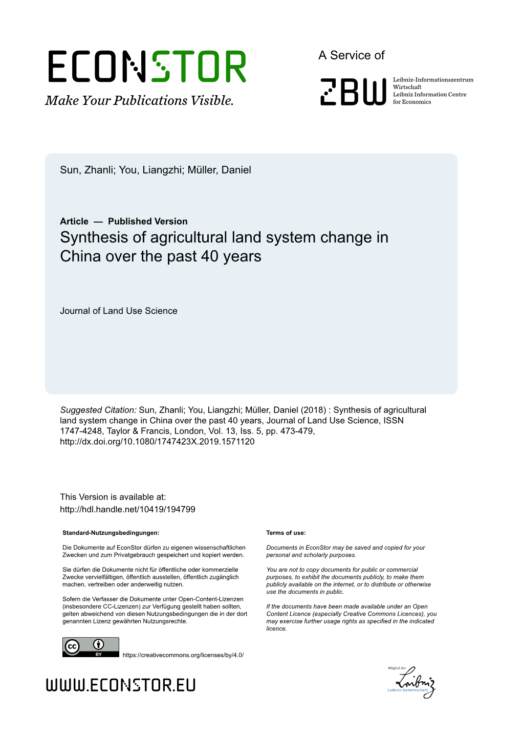 Synthesis of Agricultural Land System Change in China Over the Past 40 Years