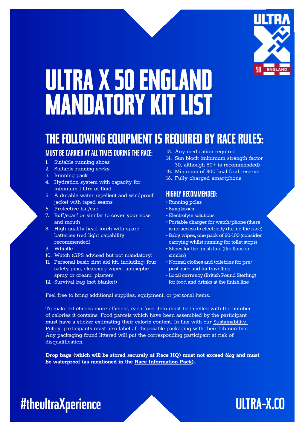 Ultra X 50 England Mandatory Kit List the Following Equipment Is Required by Race Rules: Must Be Carried at All Times During the Race: 13