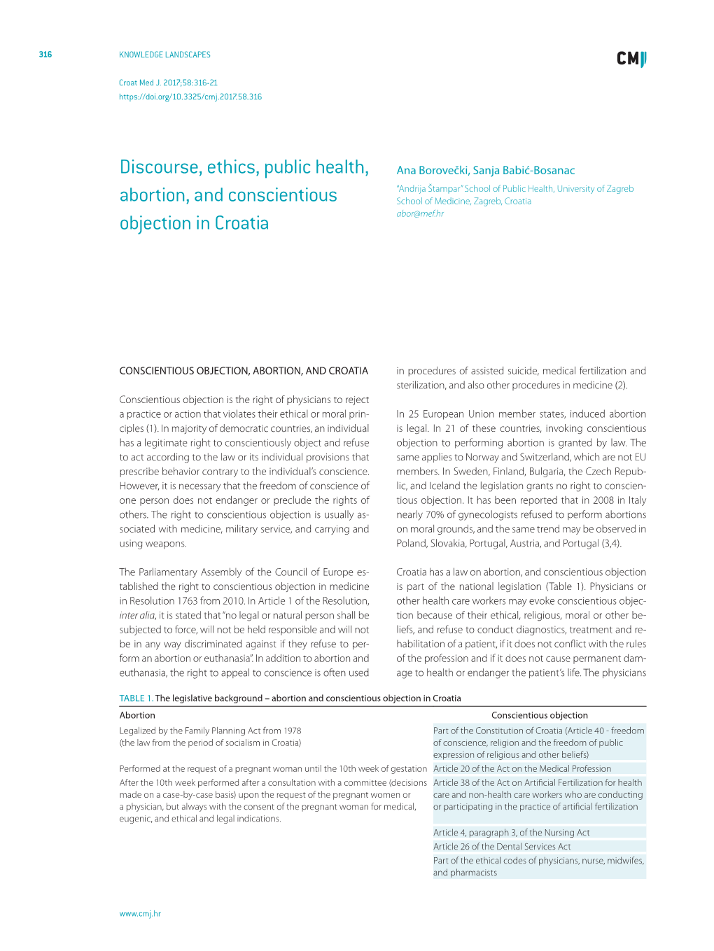 Discourse, Ethics, Public Health, Abortion, and Conscientious Objection in Croatia 317