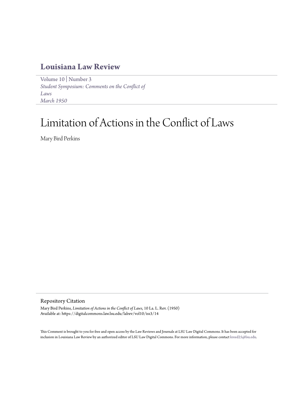 Limitation of Actions in the Conflict of Laws Mary Bird Perkins