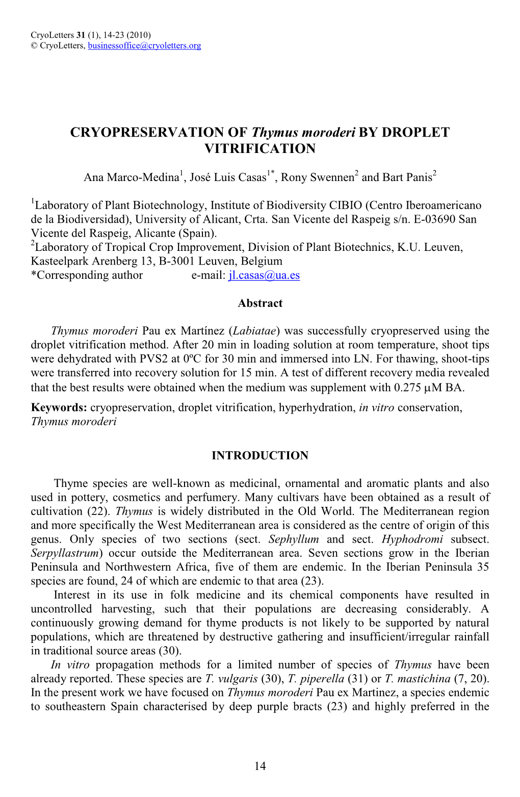 Cryopreservation of &lt;I&gt;Thymus Moroderi&lt;/I&gt; by Droplet Vitrification