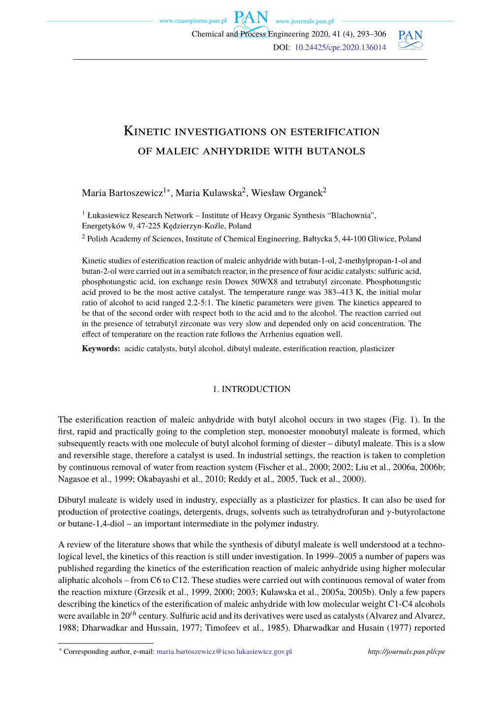 Kinetic Investigations on Esterification of Maleic Anhydride with Butanols