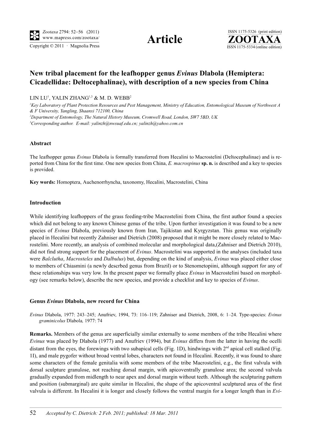 Hemiptera: Cicadellidae: Deltocephalinae), with Description of a New Species from China