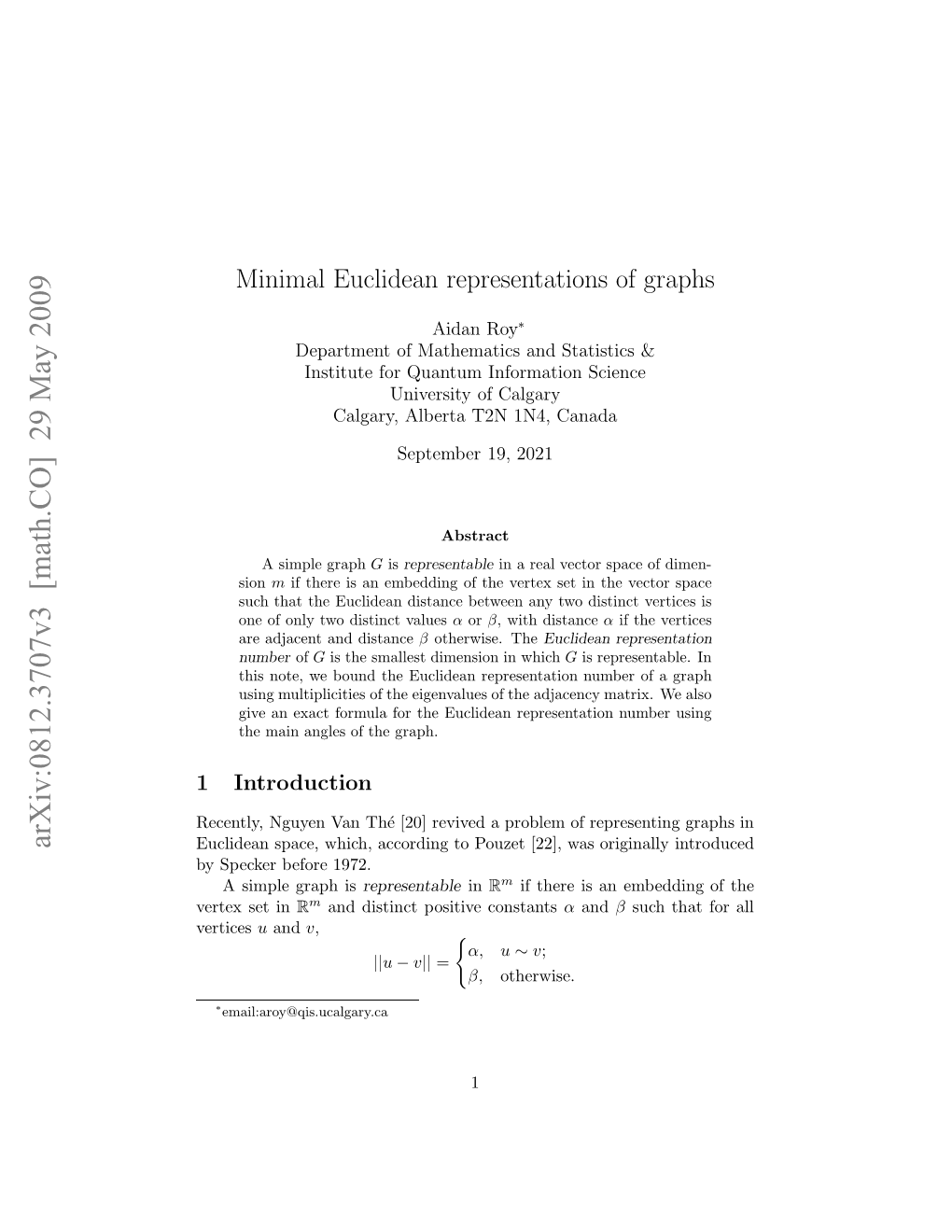 Minimal Euclidean Representations of Graphs