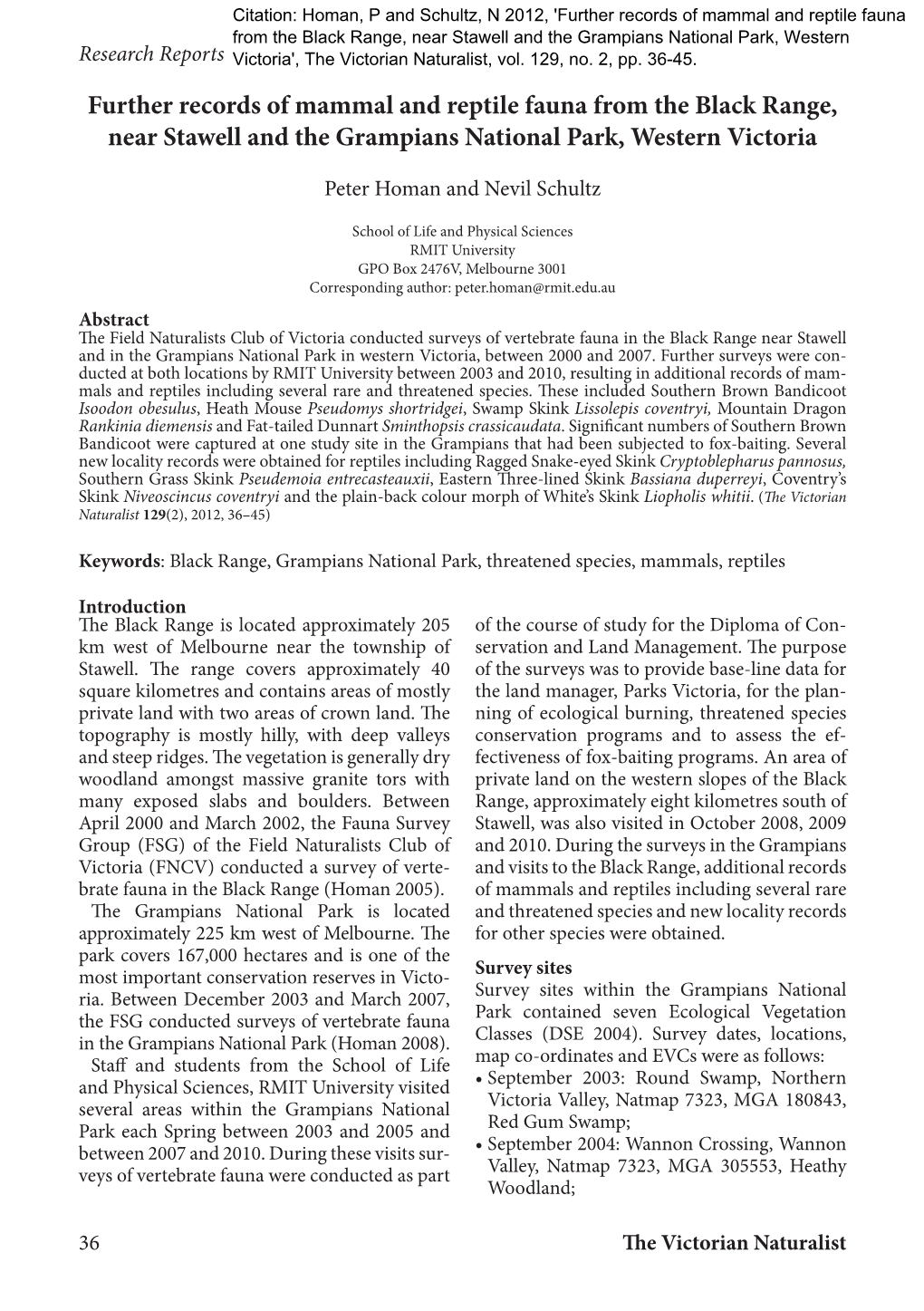 Further Records of Mammal and Reptile Fauna from the Black Range, Near Stawell and the Grampians National Park, Western Victoria