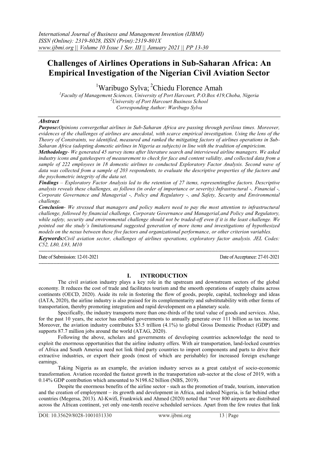 Challenges of Airlines Operations in Sub-Saharan Africa: an Empirical Investigation of the Nigerian Civil Aviation Sector