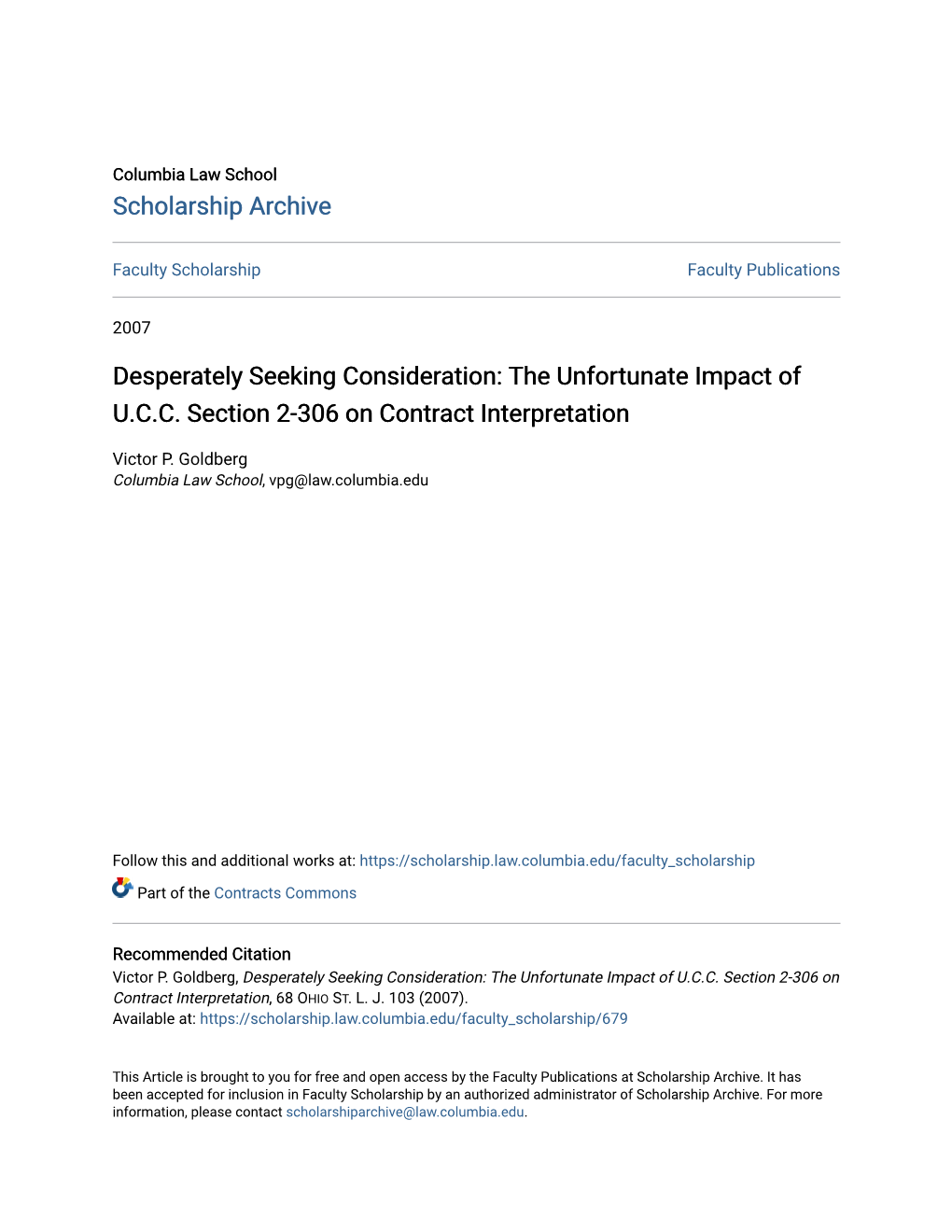 Desperately Seeking Consideration: the Unfortunate Impact of U.C.C. Section 2-306 on Contract Interpretation