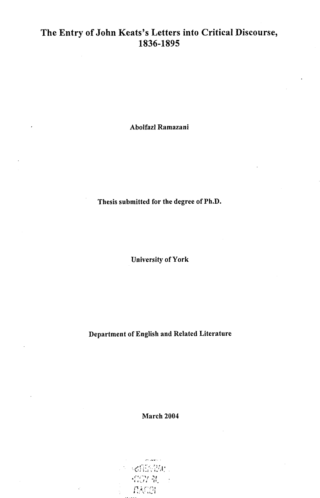 The Entry of John Keats's Letters Into Critical Discourse, 1836-1895