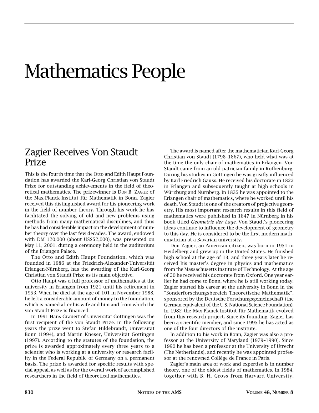 Mathematics People, Volume 48, Number 8