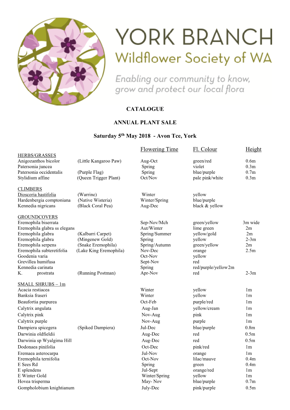 CATALOGUE ANNUAL PLANT SALE Saturday 5Th May 2018