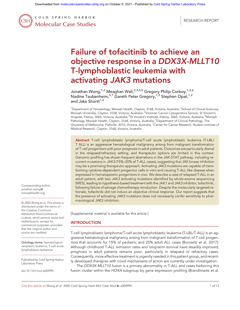 Failure of Tofacitinib to Achieve an Objective Response in a DDX3X-MLLT10 T-Lymphoblastic Leukemia with Activating JAK3 Mutations