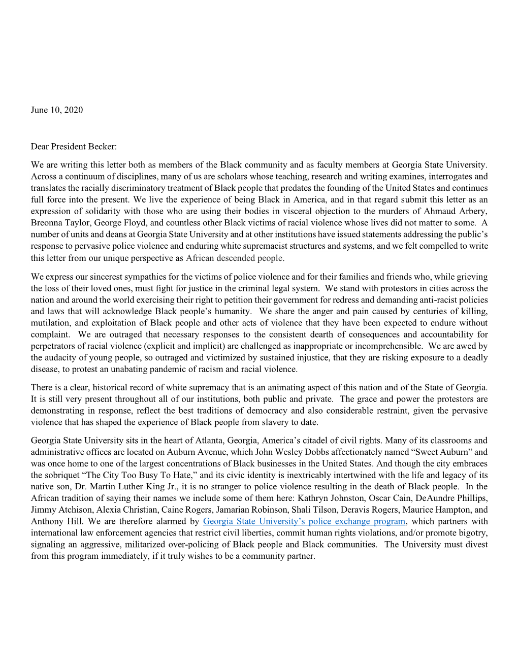 June 10, 2020 Dear President Becker: We Are Writing This Letter Both As Members of the Black Community and As Faculty Members