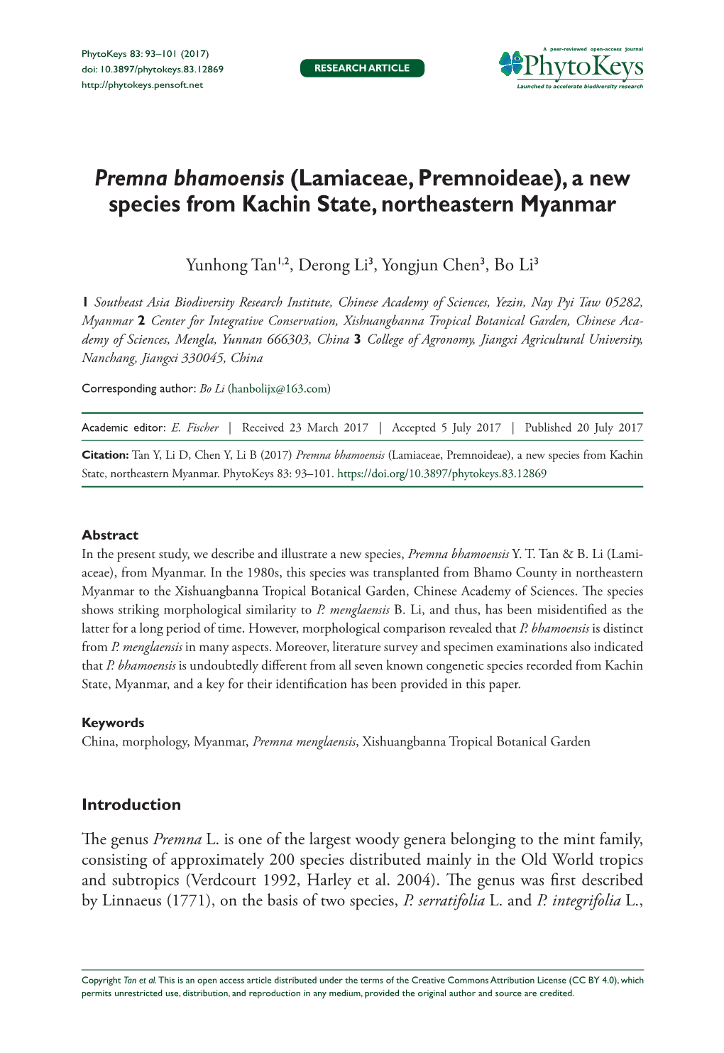 Premna Bhamoensis (Lamiaceae, Premnoideae), a New Species from Kachin State, Northeastern Myanmar